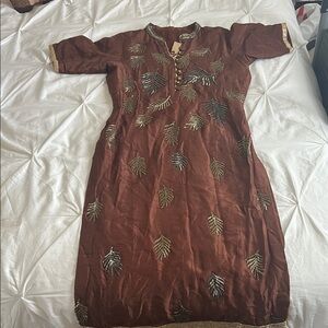 Traditional Asian Elegant Brown Embroidered Dress